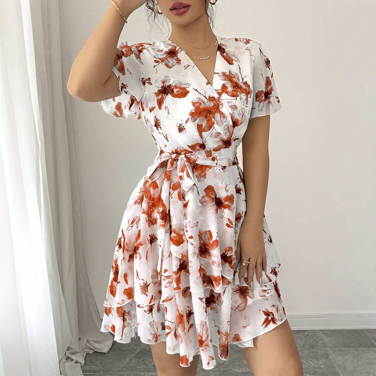 Womens Casual Vacation Printed Short-Sleeve Dress