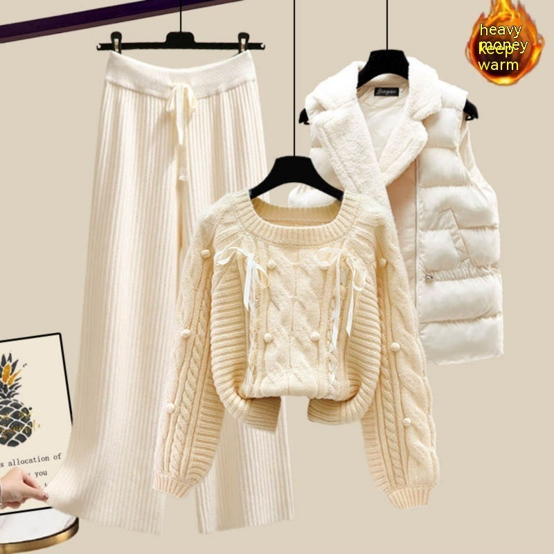 Ensemble trois pièces pour femme, gilet, pull épais, pantalon large