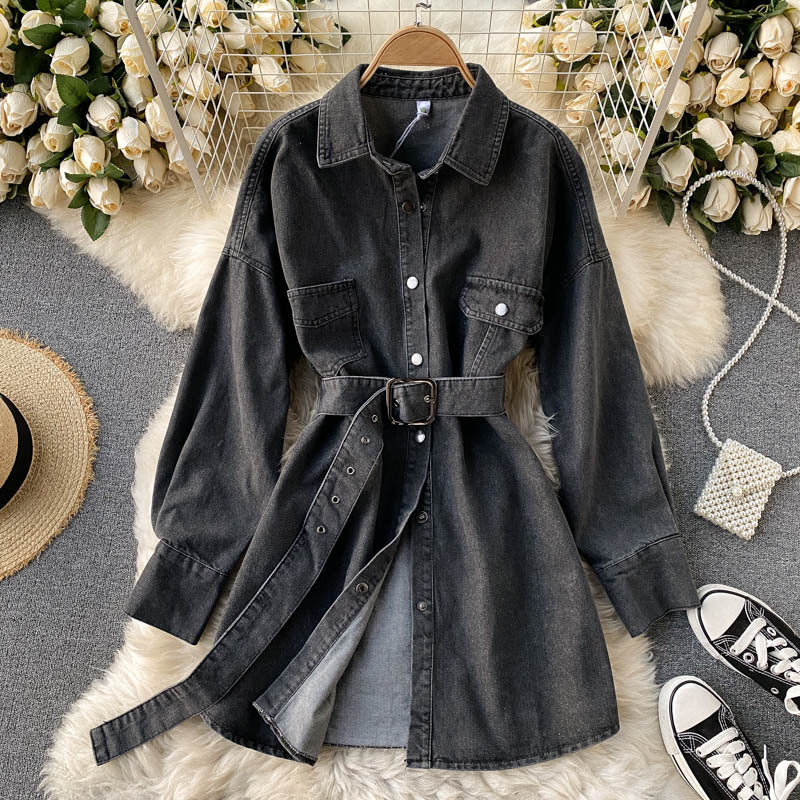 Women's Retro-breasted Denim Jacket With Polo Collar And Waist Was Thin