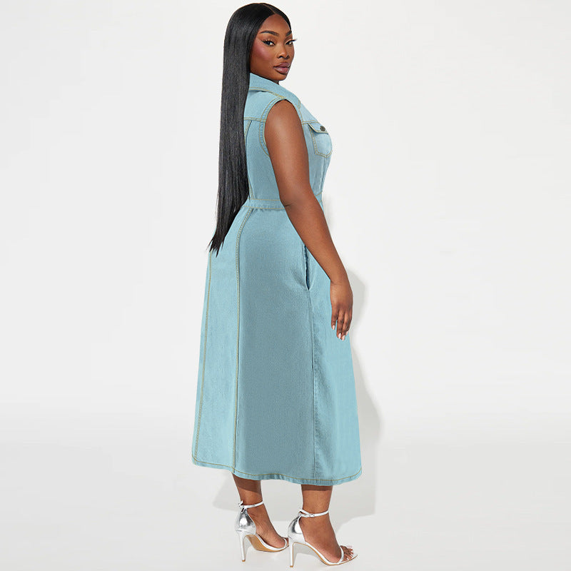 Plus Size Women's Lapel Sleeveless Denim Lace-up Long Dress
