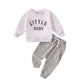 Round Neck Letter Printed Top Solid Color Pants Two Piece Set