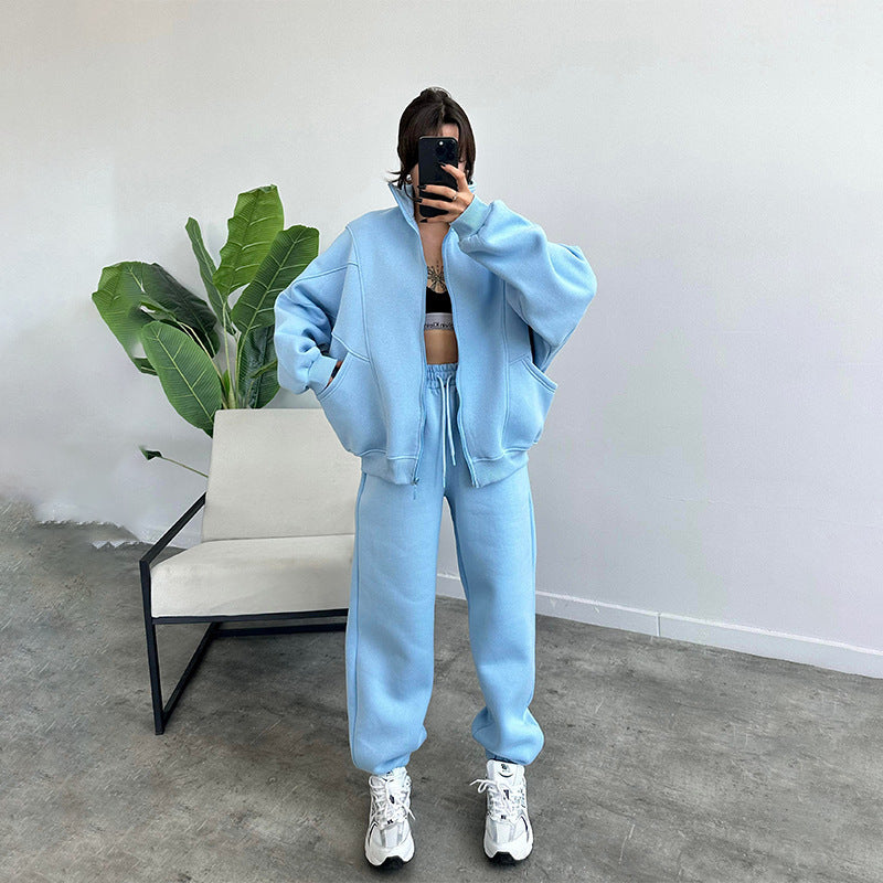 Ensemble de sport avec poches, col montant, cardigan zippé et pantalon à cordon de serrage, tenues de jogging tendance, survêtements, vêtements pour femmes