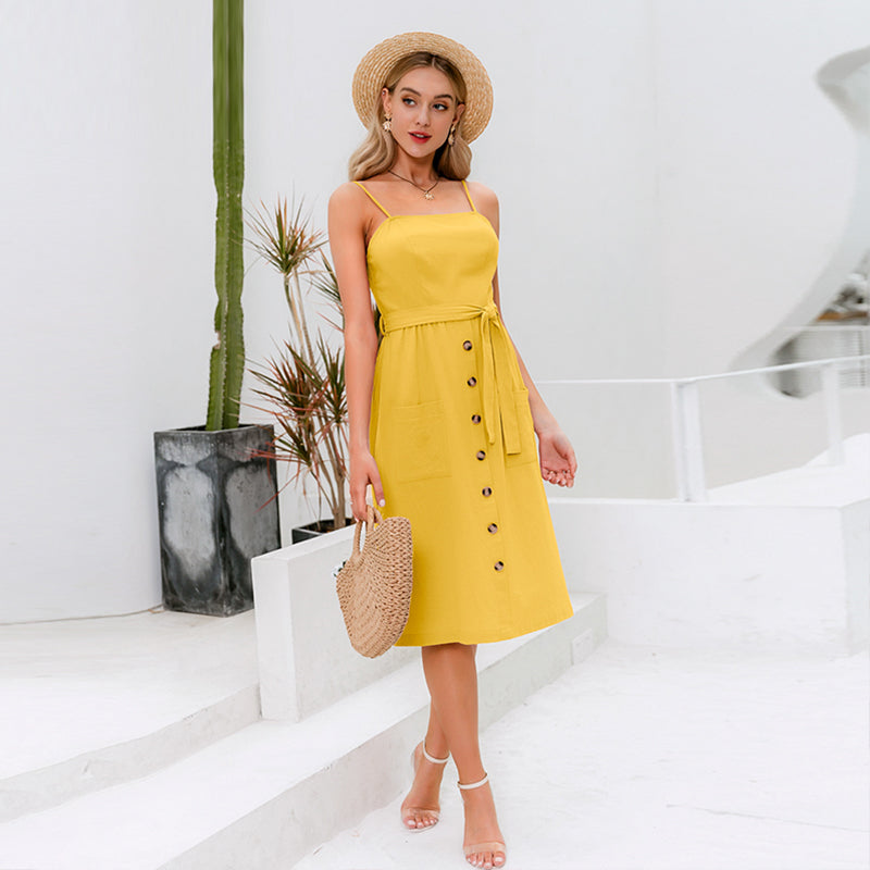 Summer solid color button cotton strap bow A-line dress