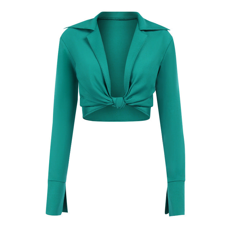 V-neck Tie Knot Long-sleeved Short Retro All-match