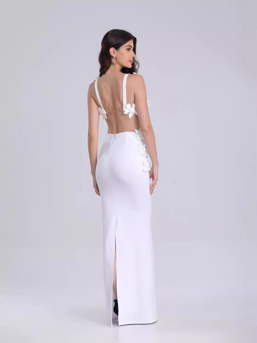 Three-dimensional Flower Camisole Back Slit Dress Two-piece Set