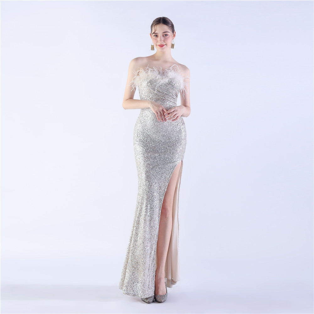 Robe de soirée haut de gamme en plumes d'autruche, rétractable, pliable et froissée