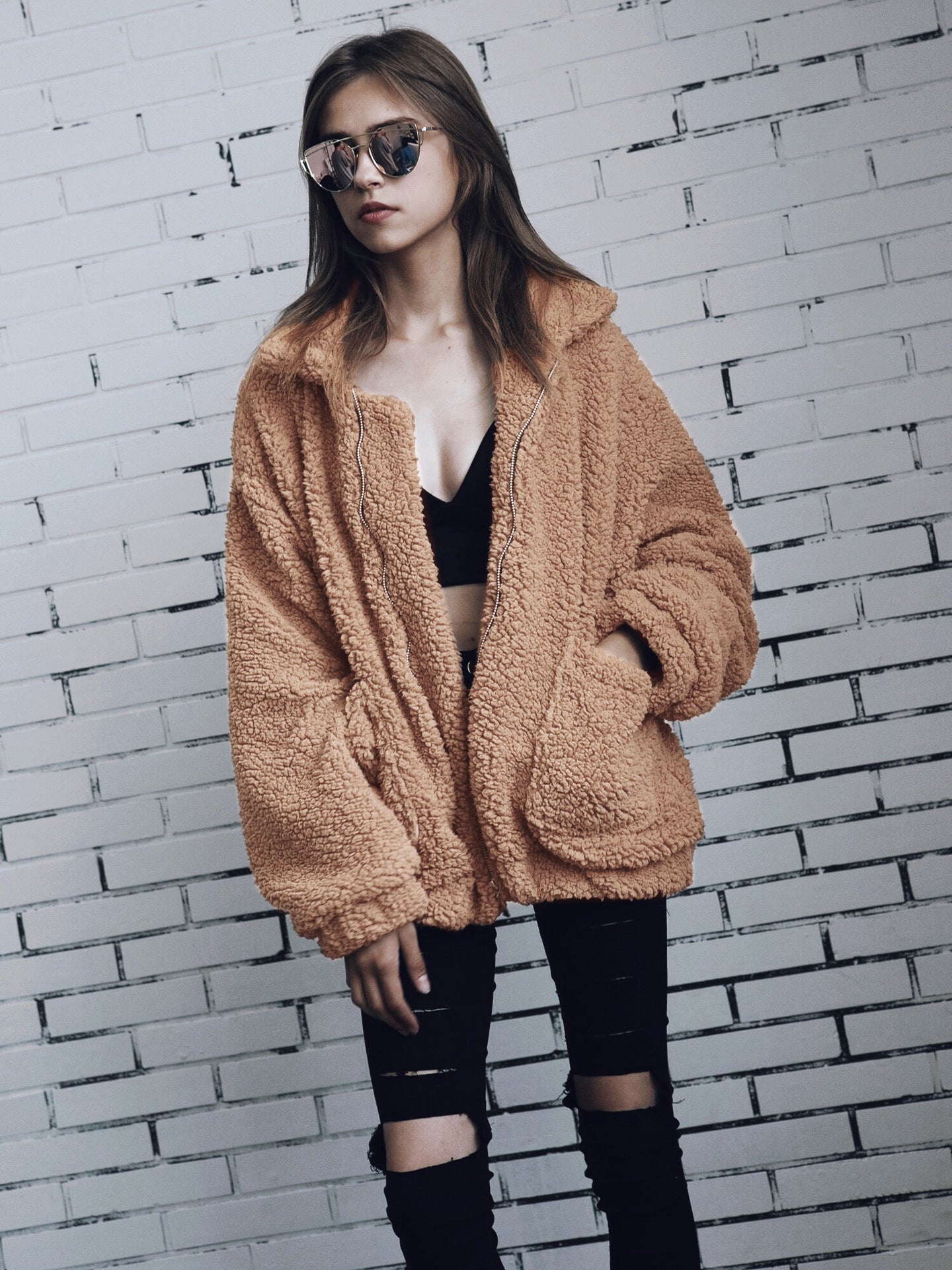 BF Wind Long Sleeve Pocket Casual Loose Plush Jacket