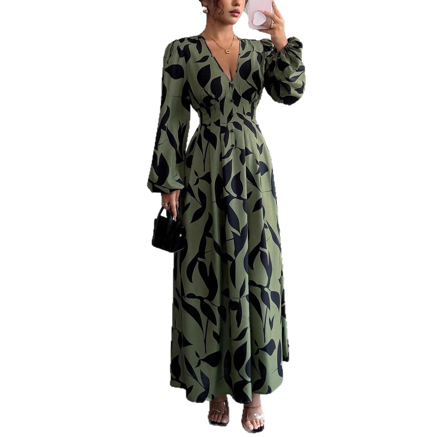 Women's V-neck Long Sleeve High Waist Dress Vacation Style Leaf Print