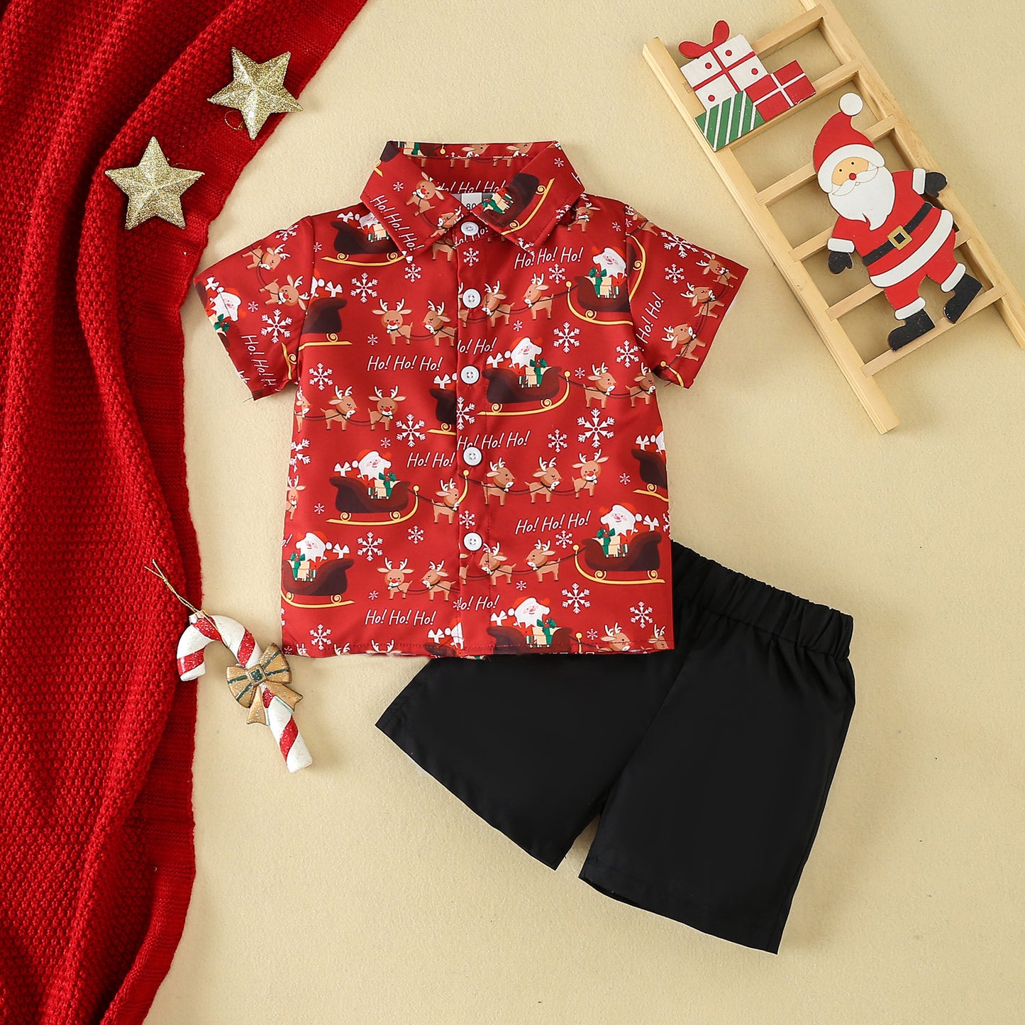 European And American Boys' New Short-sleeved Christmas Printed Shirt And Shorts Suit