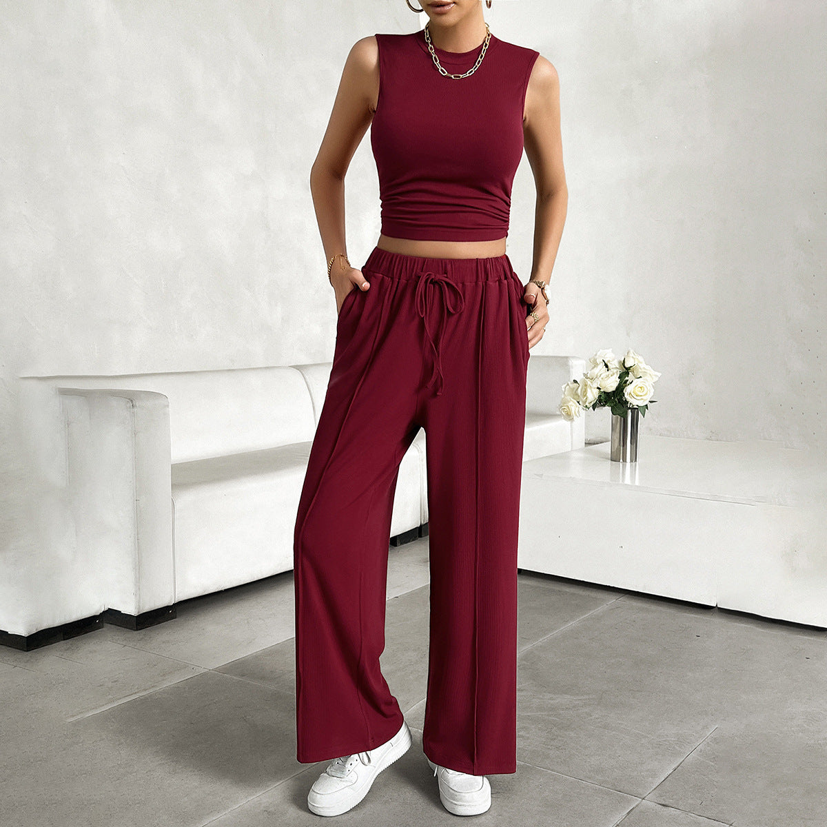 Urban Casual Solid Color Top Vest Pants Suit