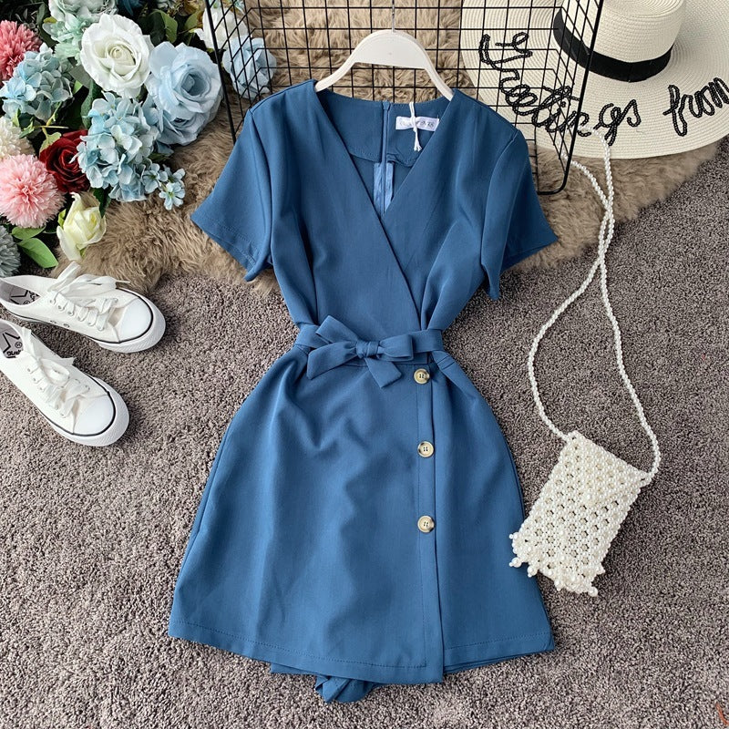 Summer seaside vacation V-neck short-sleeved jumpsuit