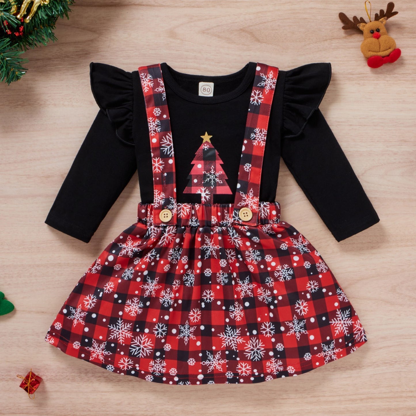 Vêtements de Noël pour bébé fille, t-shirts imprimés, jupes à carreaux