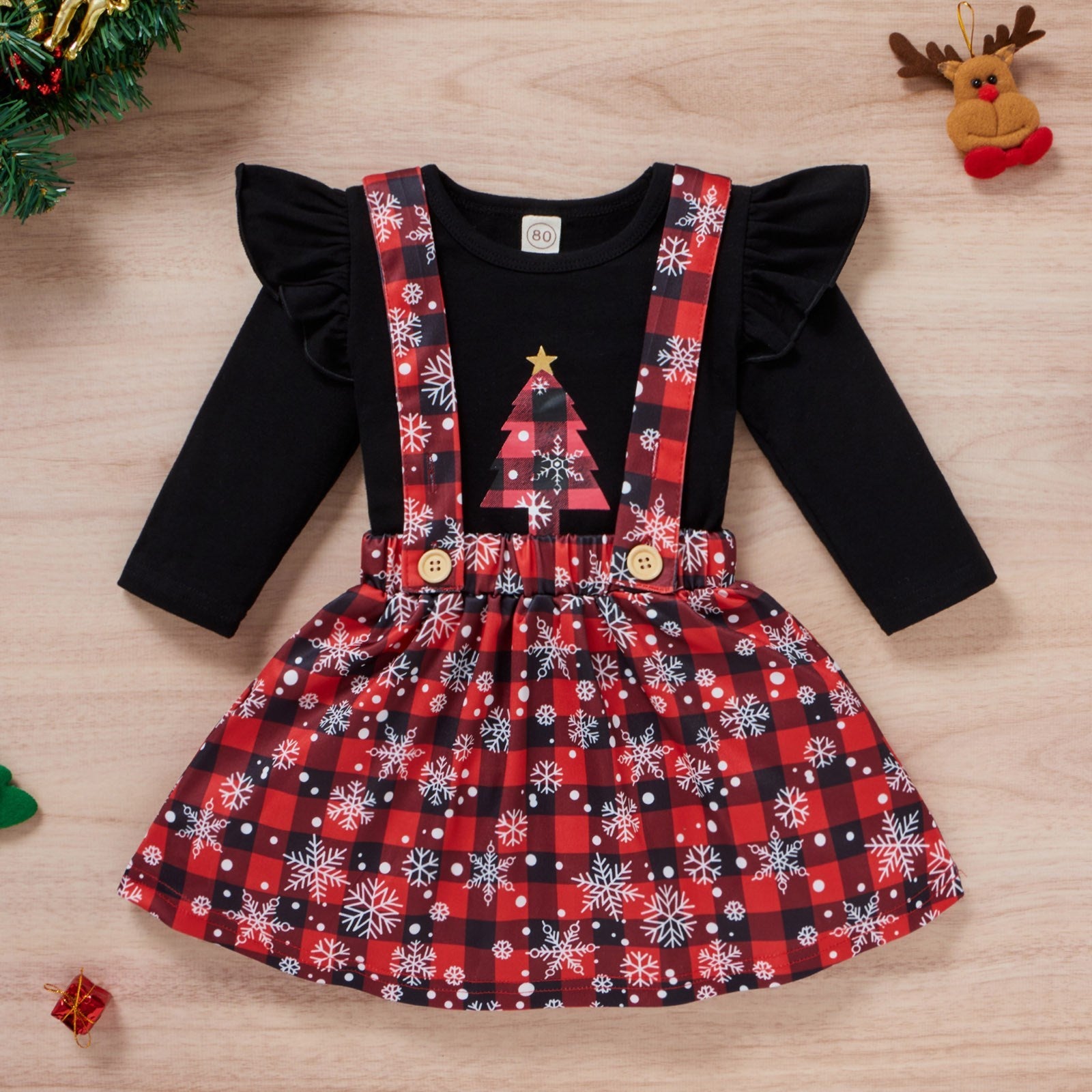 Vêtements de Noël pour bébé fille, t-shirts imprimés, jupes à carreaux