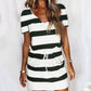Striped Print Short-sleeved Dresses Summer Fashion V-neck Drawstring Design Short Dress Beach Womens Clothing
