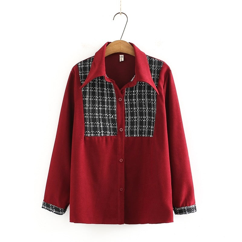 Women's Loose And Thin Plaid Stitching Base Long-sleeved Shirt