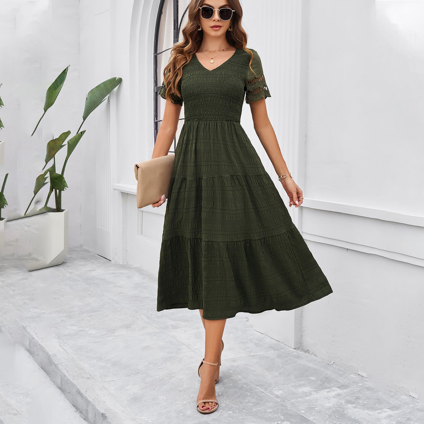 Independent Station Cross-border Foreign Trade Temperament Short Sleeve V-neck Dress