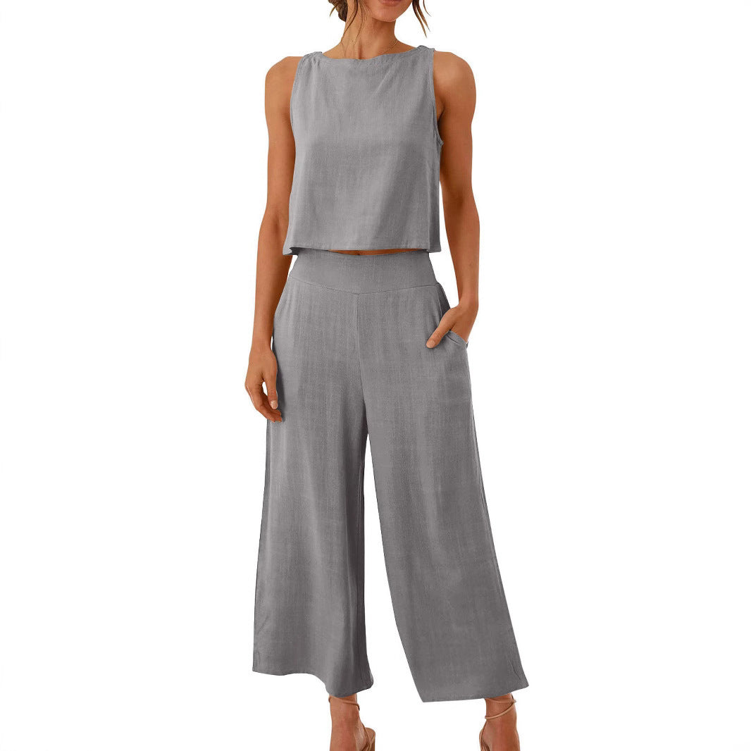 New Casual Sleeveless Top Wide Leg Trousers Suit