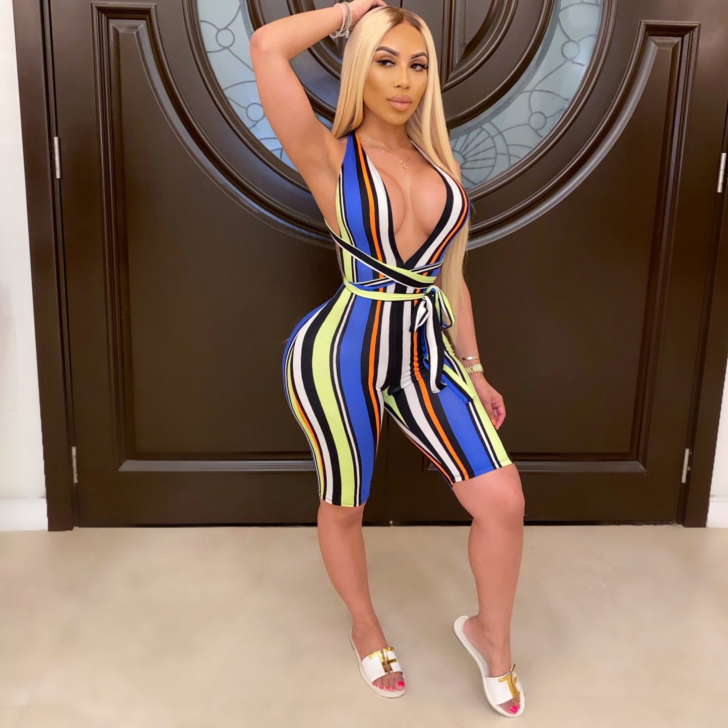 Colorful striped tie sports jumpsuit