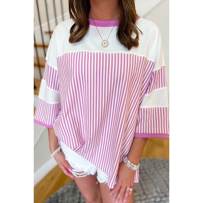 European And American Fashion Striped Color Matching Short-sleeved T-shirt For Women