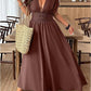 V-neck Short-sleeve Loose-fitting High-waisted Pleated Maxi Dress With A Slit