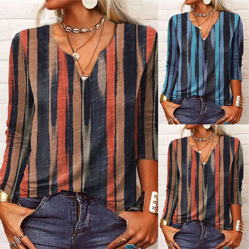 Women's Fashion Simple Loose Long Sleeve Striped V-Neck Bottom Shirt