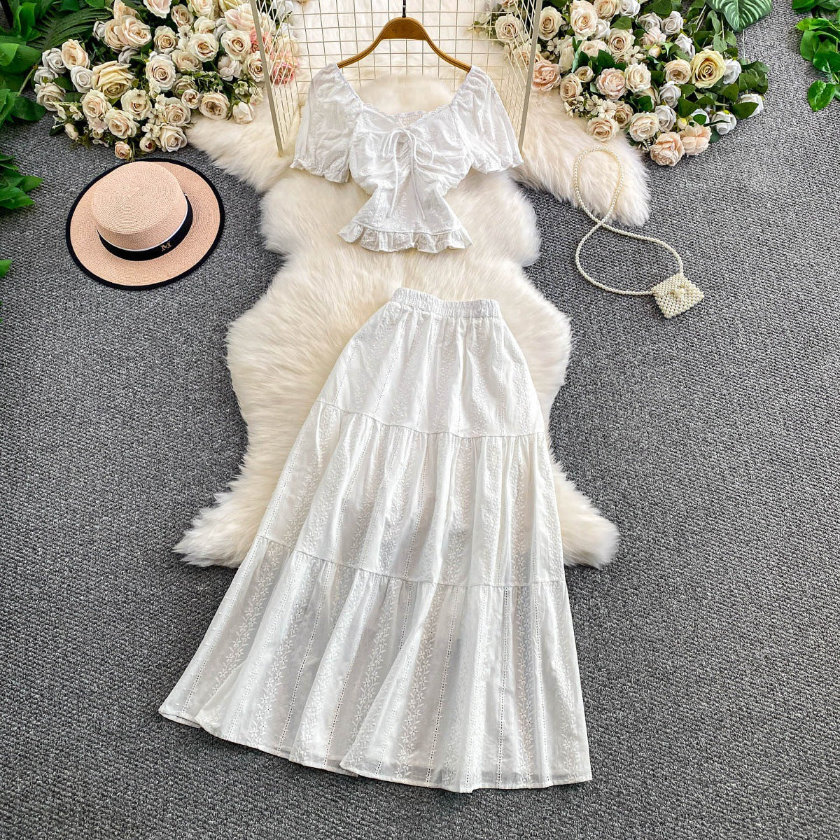 Hollowed-out Embroidered V-Neck Shirt With Ruffled Long Skirt