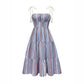 Blue And White Striped Strapless Back Waist Gathered Waist Dress