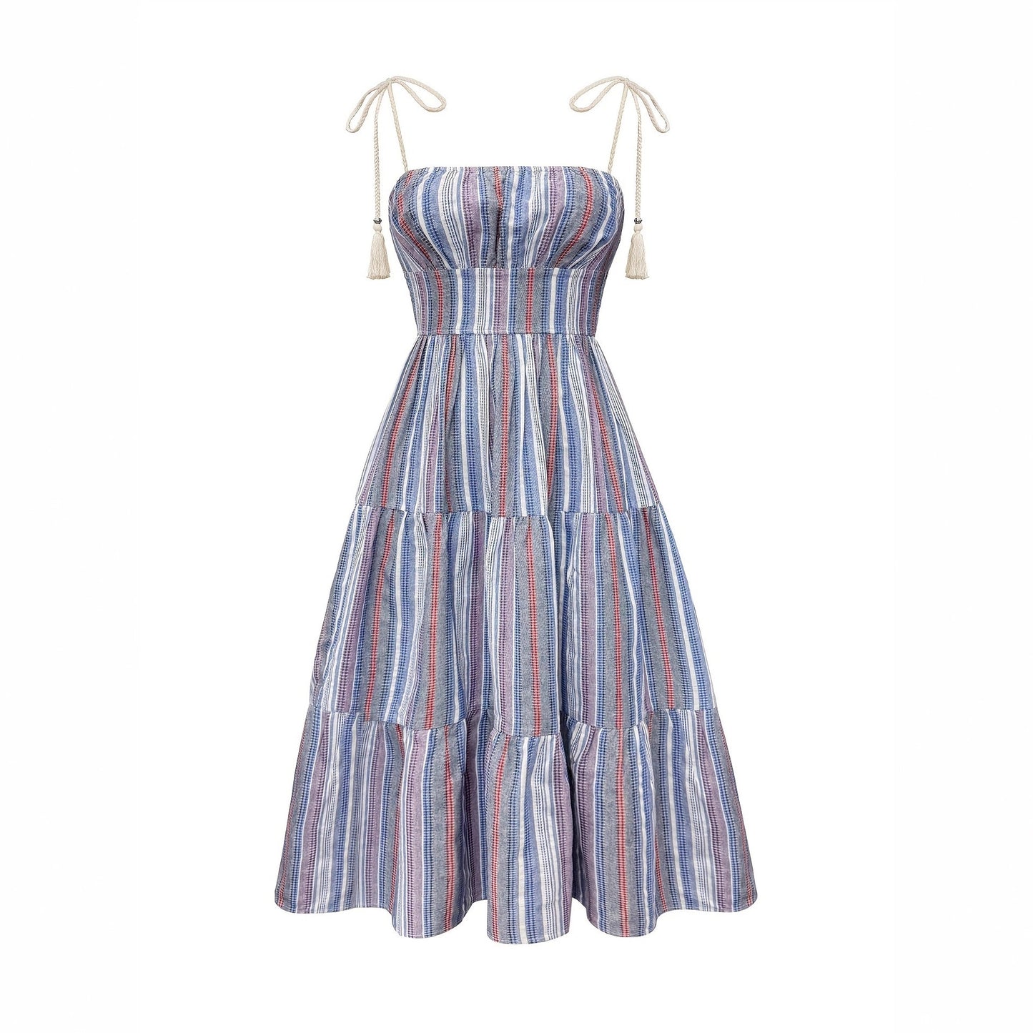Blue And White Striped Strapless Back Waist Gathered Waist Dress