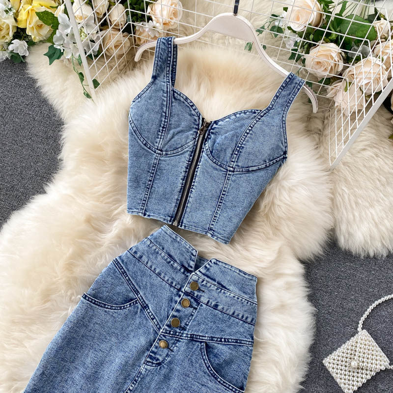 Short Camisole High Waist Denim Skirt