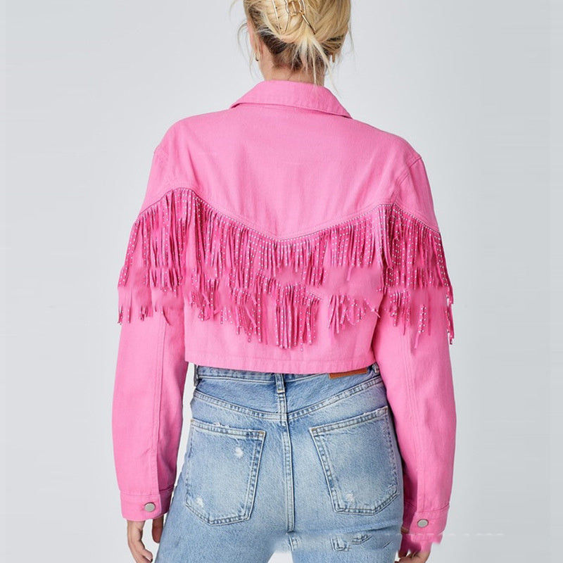 Tassel Denim Coat Short Polo Collar Jacket European And American Style