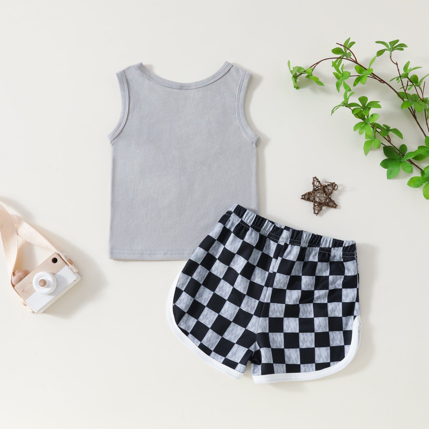 Sleeveless Top Plaid Printed Shorts Two-piece For Boys