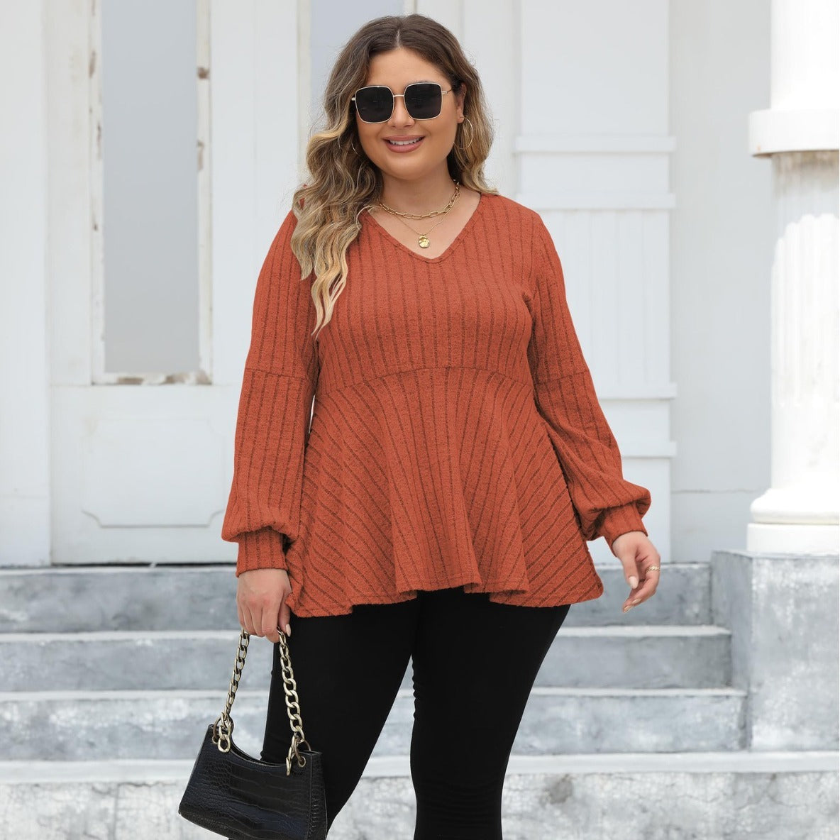 Doll Shirt V-neck Hollow Striped Polar Fleece Lantern Sleeve Bottoming Shirt