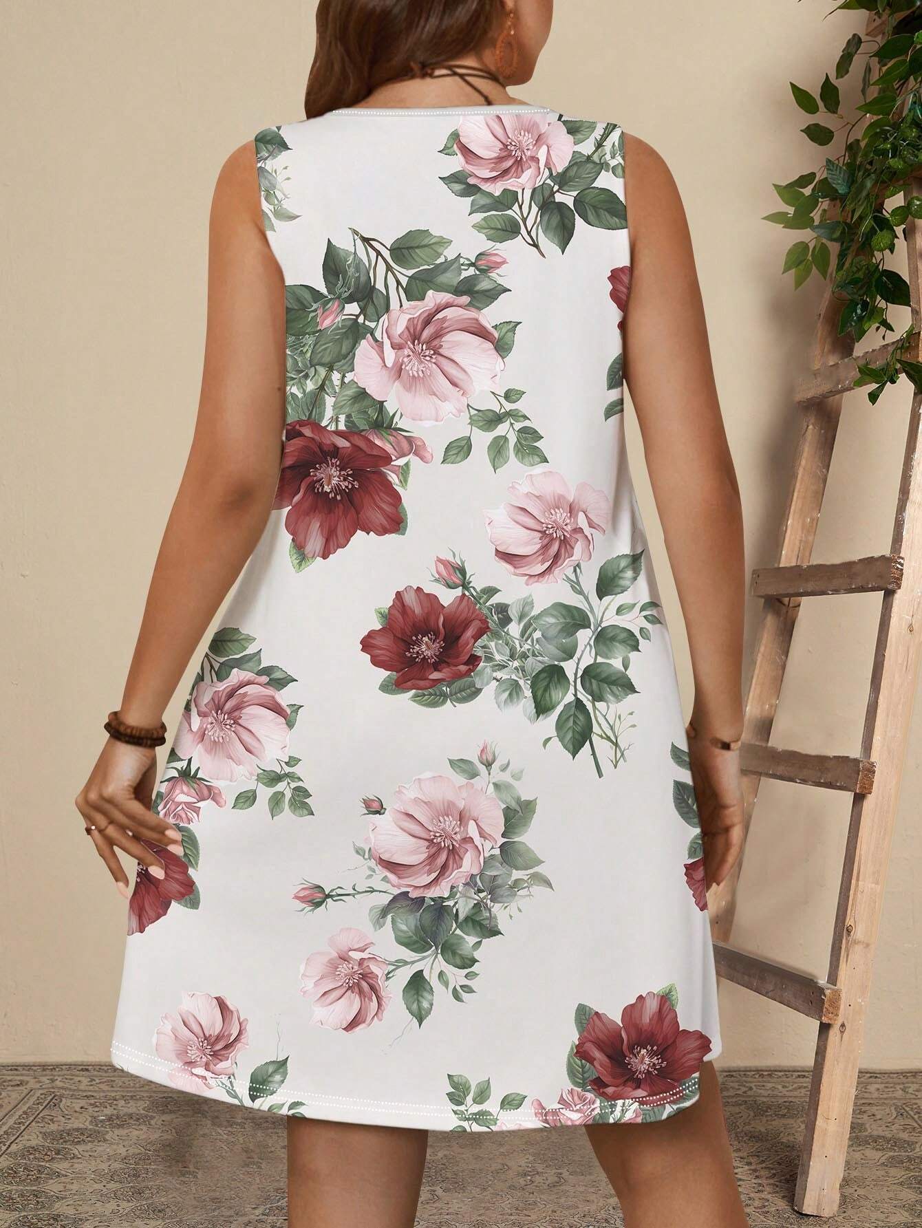 Robe à manches courtes et imprimé végétal pour femme, jupe patchwork à contraste de couleurs