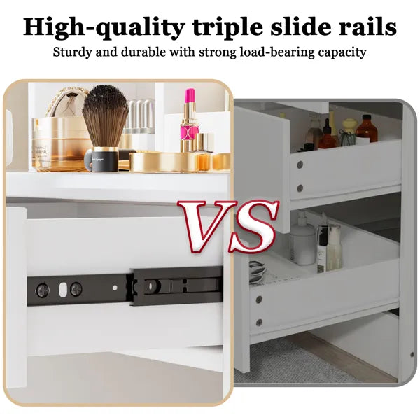 Makeup Vanity Desk With Mirror And Lights, White Vanity Table With Power Outlet And 3 Lighting Modes, Dressing Table Set With Cabinet Drawers Shelves And Storage Stool For Bedroom
