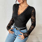 Black Lace Bodysuit With A Hollowed-out Back And V-neck