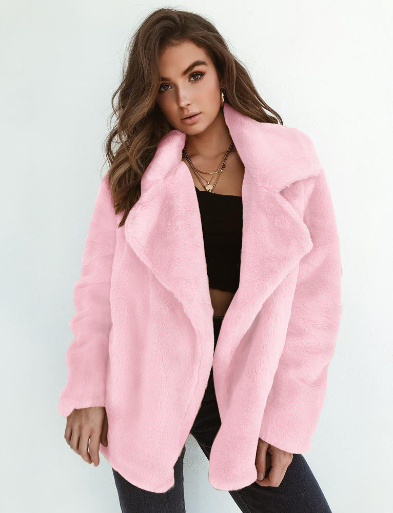 Plush Lapel Woolen Coat Women