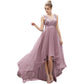 Plus Size Deep V Sequined Front Short Back Long Mesh Evening Dress