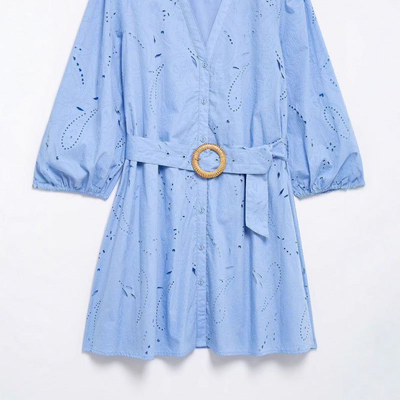 Fashionable Heat-Sealed Embroidered Elegant V-Neck Short Dress