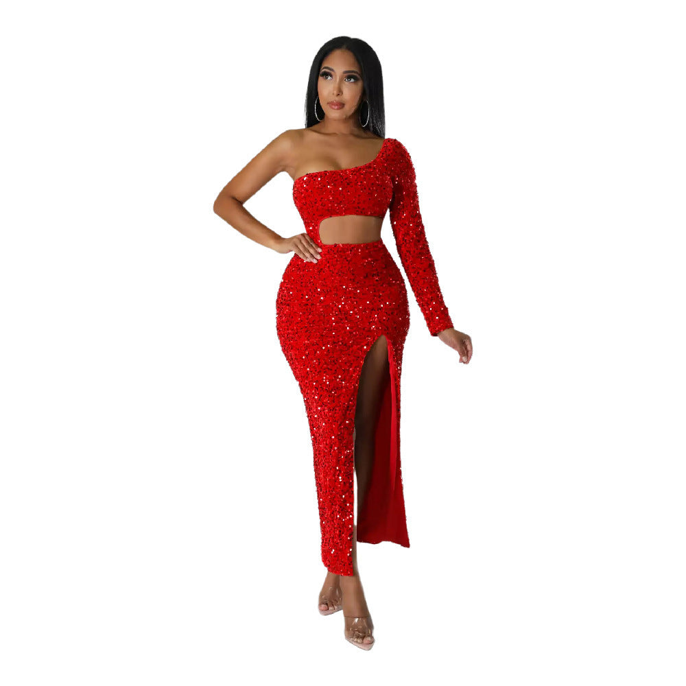 One-shoulder Fashionable Sequins Navel Split Hip Women's Clothing Dress