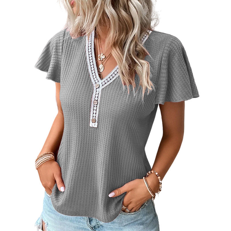 Waffle V-neck Short-sleeved T-shirt