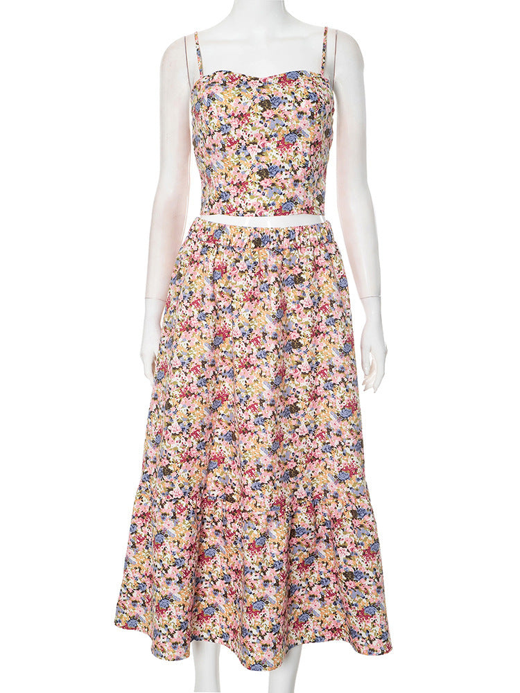 Sling Midriff Outfit Floral Top Dress Suit