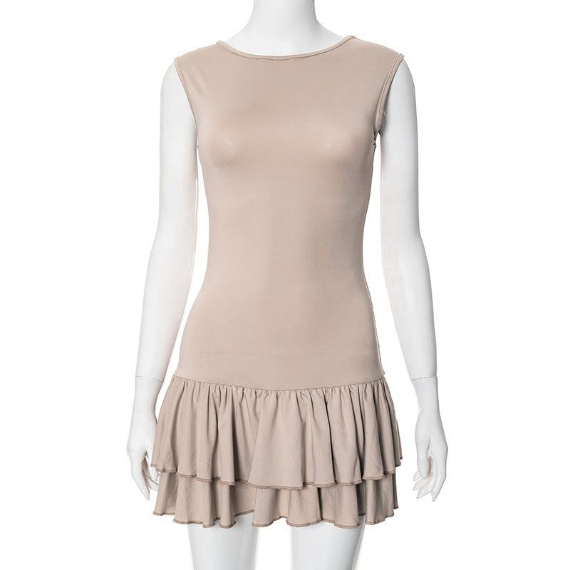 Contrast Color Round Neck Sleeveless Lace Fashion Short Dress Women