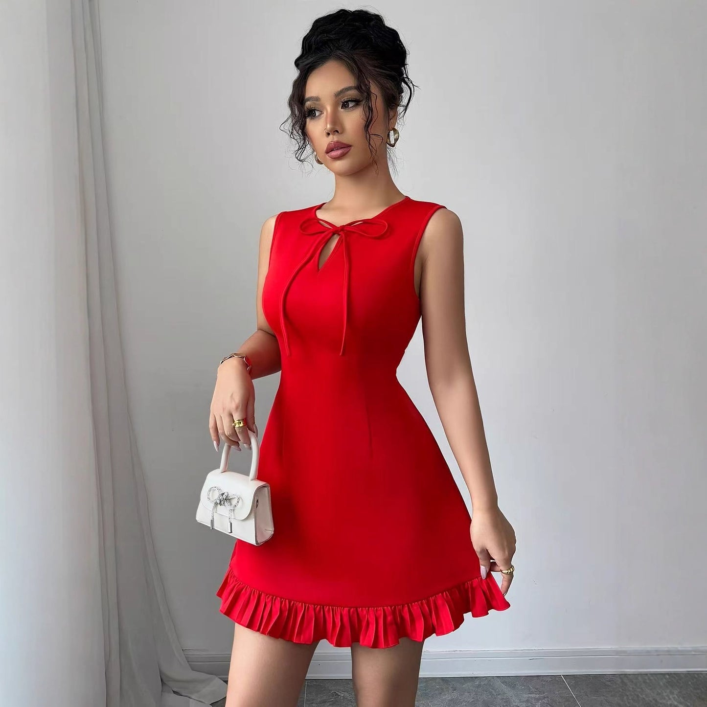 Women's Lace-up Mini Dress With Bow And Ruffled Hem