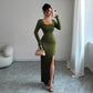 Women's Solid-Color Slimming Knitted Long-Sleeve Split Dress
