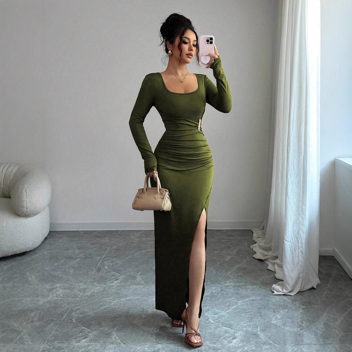 Women's Solid-Color Slimming Knitted Long-Sleeve Split Dress