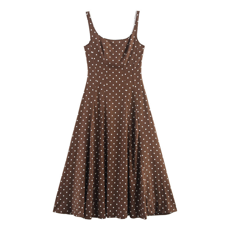 Summer Retro Waist-controlled Polka Dot Midi Skirt Sling Dress