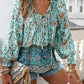 Bohemian Vacation Style Printed V-neck Lace-up Long Sleeve Top