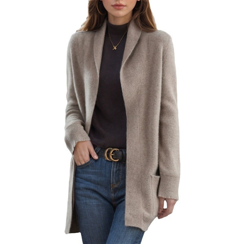 Nouveau cardigan tricoté à manches longues et col polo, couleur unie, avec poches amples, pour femme