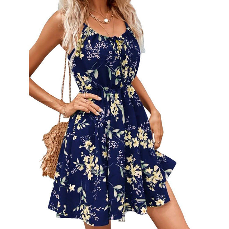 Elegant Sleeveless Dress Pullover Print Elastic Waist