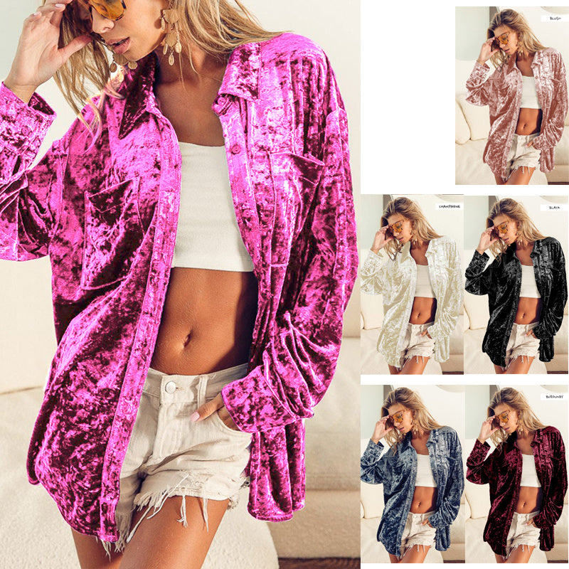 Women's Fashion Long Sleeve Polo Collar Solid Color Loose Shirt